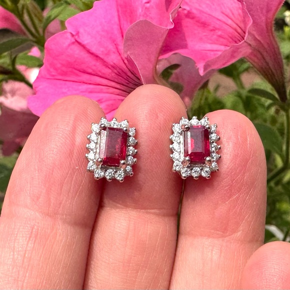 BRAND NEW Genuine Ruby Halo Earrings, Sterling Silver - Picture 1 of 11